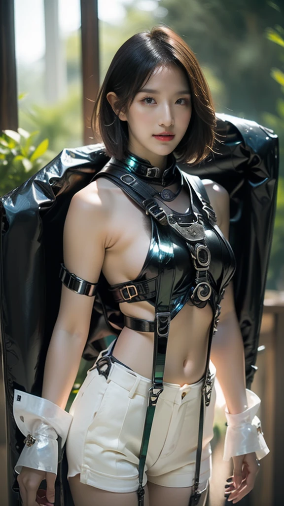 Highest image quality, outstanding details, ultra-high resolution, (realism: 1.4), the best illustration, favor details, highly condensed 1girl, with a delicate and beautiful face, dressed in a black and green mecha, wearing a mecha helmet, holding a directional controller, riding on a motorcycle, the background is a high-tech lighting scene of the future city.,A beautiful woman,Super beautiful girl,Famous Korean Idol Star Dancer,Almost flat chest,Small breasts,Small Bust,Small hips,Small waist,A beautiful girl with a slim figure,Light pink underwear,Thin string-shaped underwear,Thin cotton underwear,Very small hips,Small breasts,Thin legs,Very flat chest,Small waist,Thin buttocks,