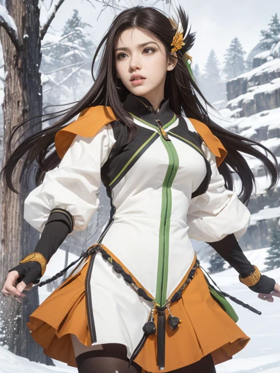 Brown hair in a ponytail, a slender Yrliet-like woman in Aeldari elven armor, wearing a green cloak, sci-fi style, in a deep green summer forest, facing forward, girl in the center, eyes looking straight ahead, front facing composition