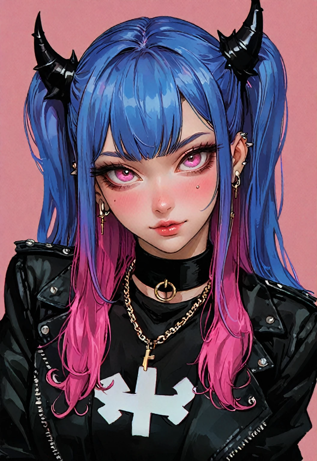 detailed face, 1girl ,mohawk with shaved sides, bright gradient hair, goth makeup, alt, outdoors, abandoned street, collar, perfect breasts, rainbow jacket, rainbow bra