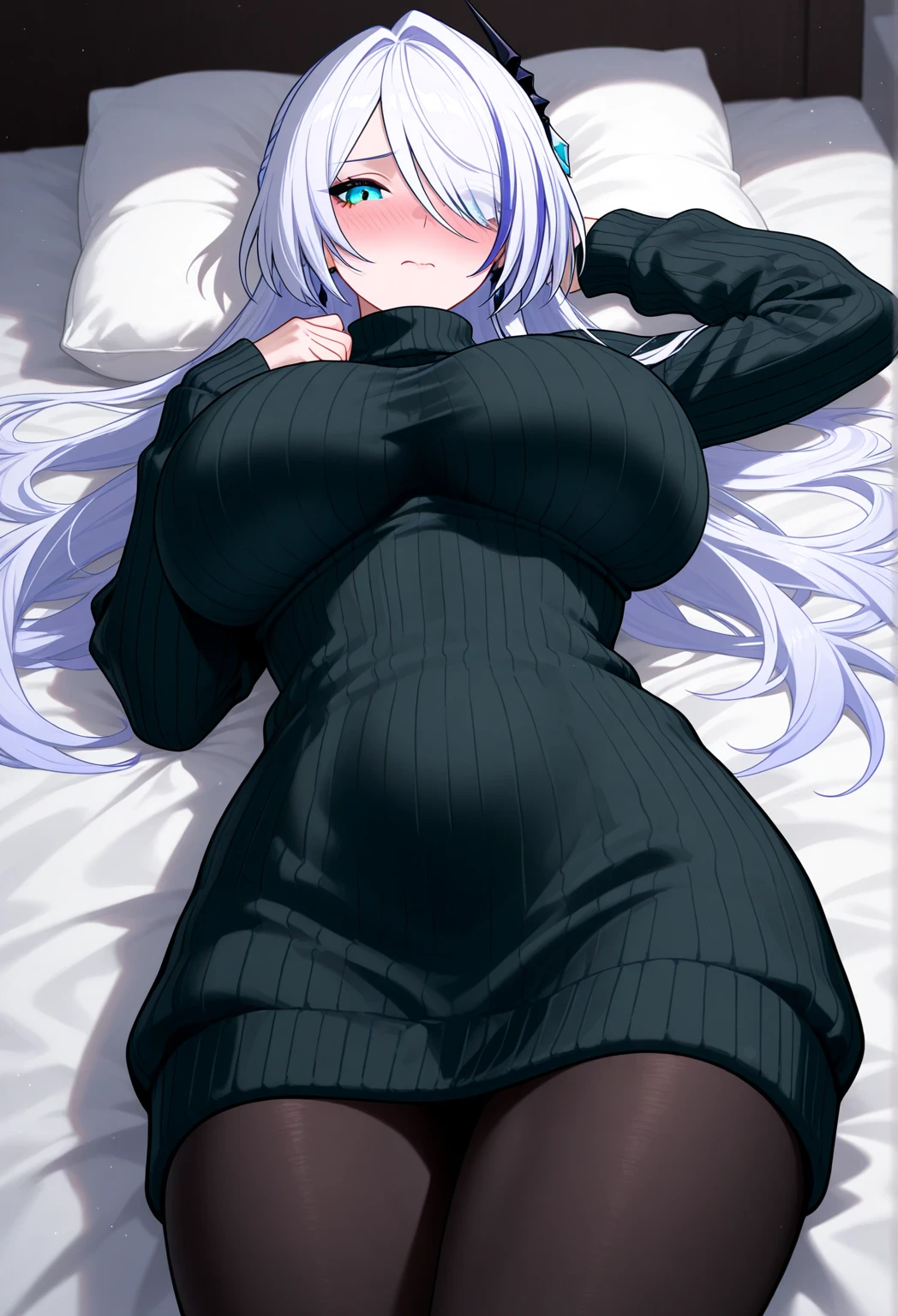 in bed, silver hair and blue eyes, black shirt and no bra, anime visual of a cute girl, screenshot from the anime film, & her expression is solemn, in the anime film, in an anime, anime visual of a young woman, she has a cute expressive face, still from anime, big breast, red cheek, lustful face, fair skin