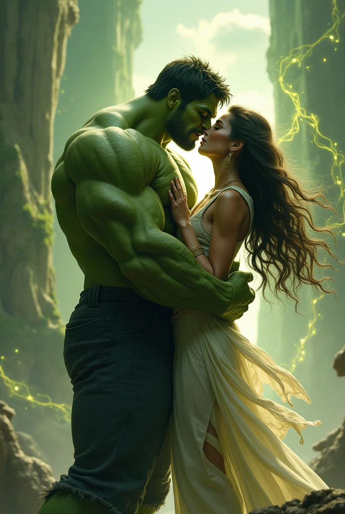 Imagine Female Hulk with Male Hulk in Side Forest, Wide Angle View,