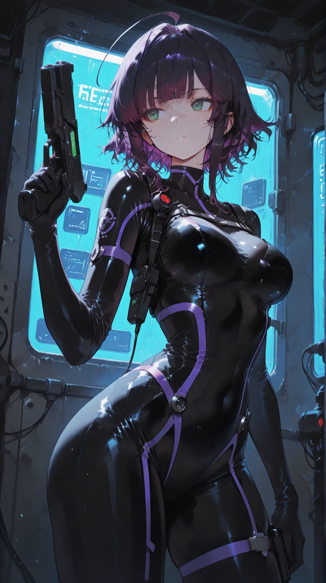 "An extraordinary masterpiece with the best quality, featuring a powerful and confident superheroine. She is the sole focus of the artwork, showcasing her incredible abilities. Dressed in a sleek leotard, her bare legs and boots add to her fierce appearance. With gloves that enhance her powers, she sports stunning purple hair in a stylish short bob, complemented by mesmerizing green eyes. Watch as she spins like a cyclone, leaving a trail of awe in her path."