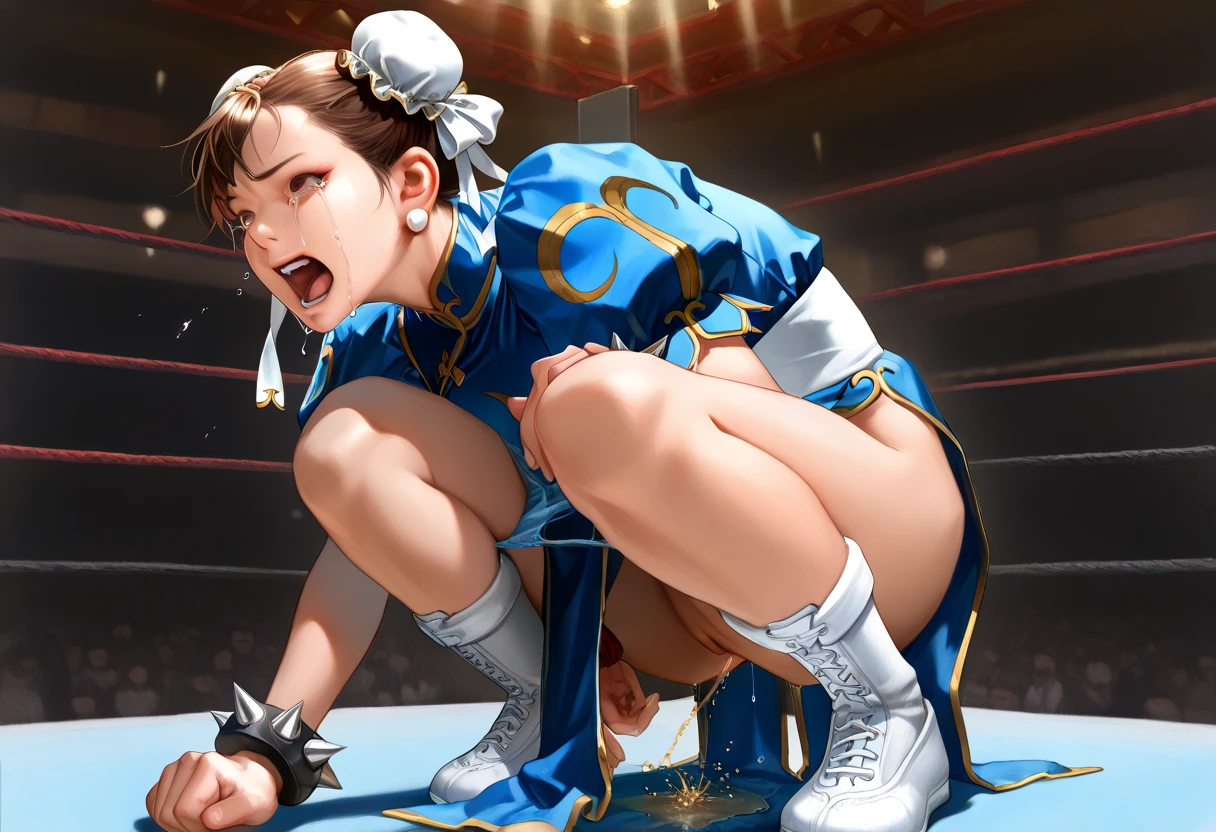 masterpiece,Highest quality, Ultra-high resolution, Very detailed, One girl, Cute Games Fist of the Dragon Tiger、character Yuri Sakazaki,Karate、Young、barefoot、Precise legs refer to、Red headband、Braided Ponytail, Long Hair,Brown Hair, Brown eyes,fingerless gloves, 丸いchest,Big Breasts,Precise depiction 手refer to 背景 dojo, Karate pose,no panties,defeat,Precise physical structure、Realistic attitude 、White vest Unbuttoned、chest appear、between legs appear、bottomless、real pussy、Low - Angle、between legs覗く、Nipples appear、between legs semen Overflowing、between legs show、Creampie、semen bathe
