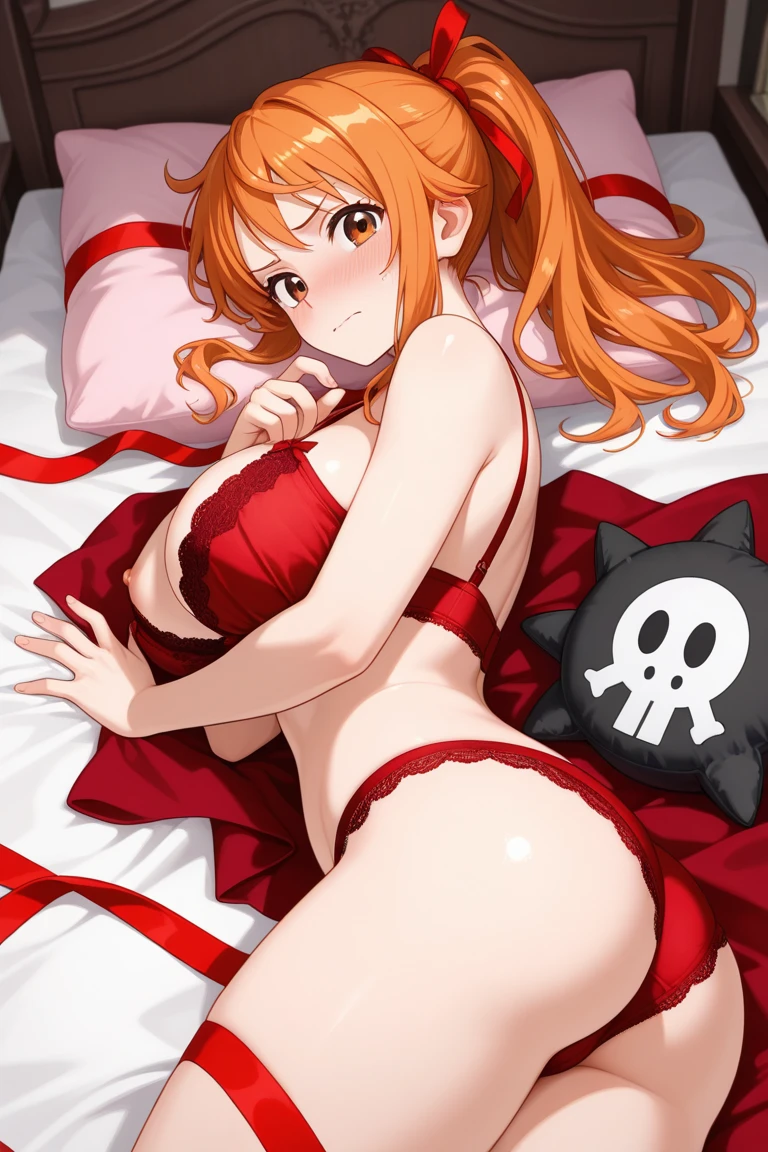 [makima from chainsaw man],valentine, (((tied in red ribbon))), holding chocolate, on bed, ((melting chocolates on breast),(full body view naked),((anime style)),(((tied))),((orange hairs a loose braid with bangs reaching just past her eyebrows and two longer side bangs that frame her face)), eyes with orange colour and brown rings, (((makima))),adult 
