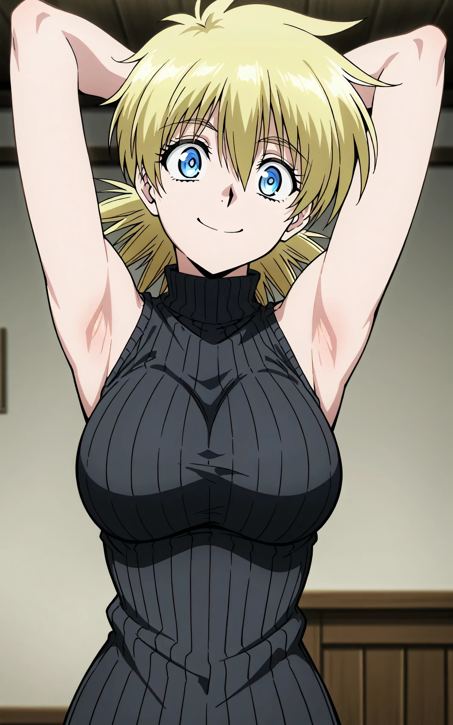 masterpiece, best quality, amazing quality, anime screencap, anime coloring, 1girl, solo, seras victoria, blonde hair, blue eyes, black sweater, sleeveless sweater, ribbed sweater, turtleneck, sleeveless,  shoulders,  arms, arms behind head, armpits, armpits focus, head towards viewer, looking at viewer, direct eye contact, smile, confident, closed mouth, indoors, 