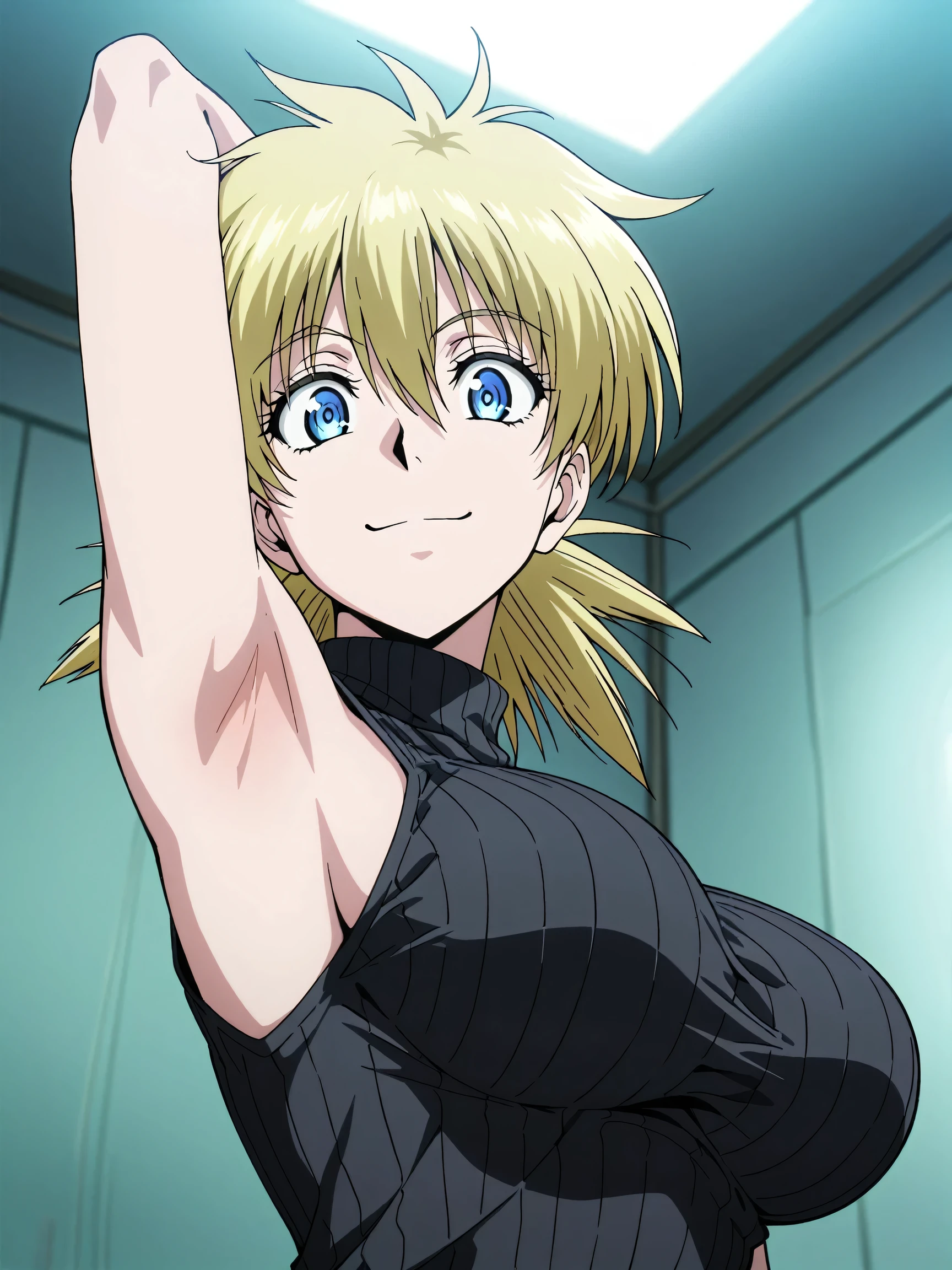 Best quality, masterpiece, ultra high res, 1girl, sexy, in the dark, deep shadow, low key, cold light, milf, blonde, dynamic light, cinematic lighting, cinematic lighting, down blouse, mature woman, middle parted hair, nsfw, natural breast, upper body, milf, samui, simple smile, armpits visible, detailed armpits