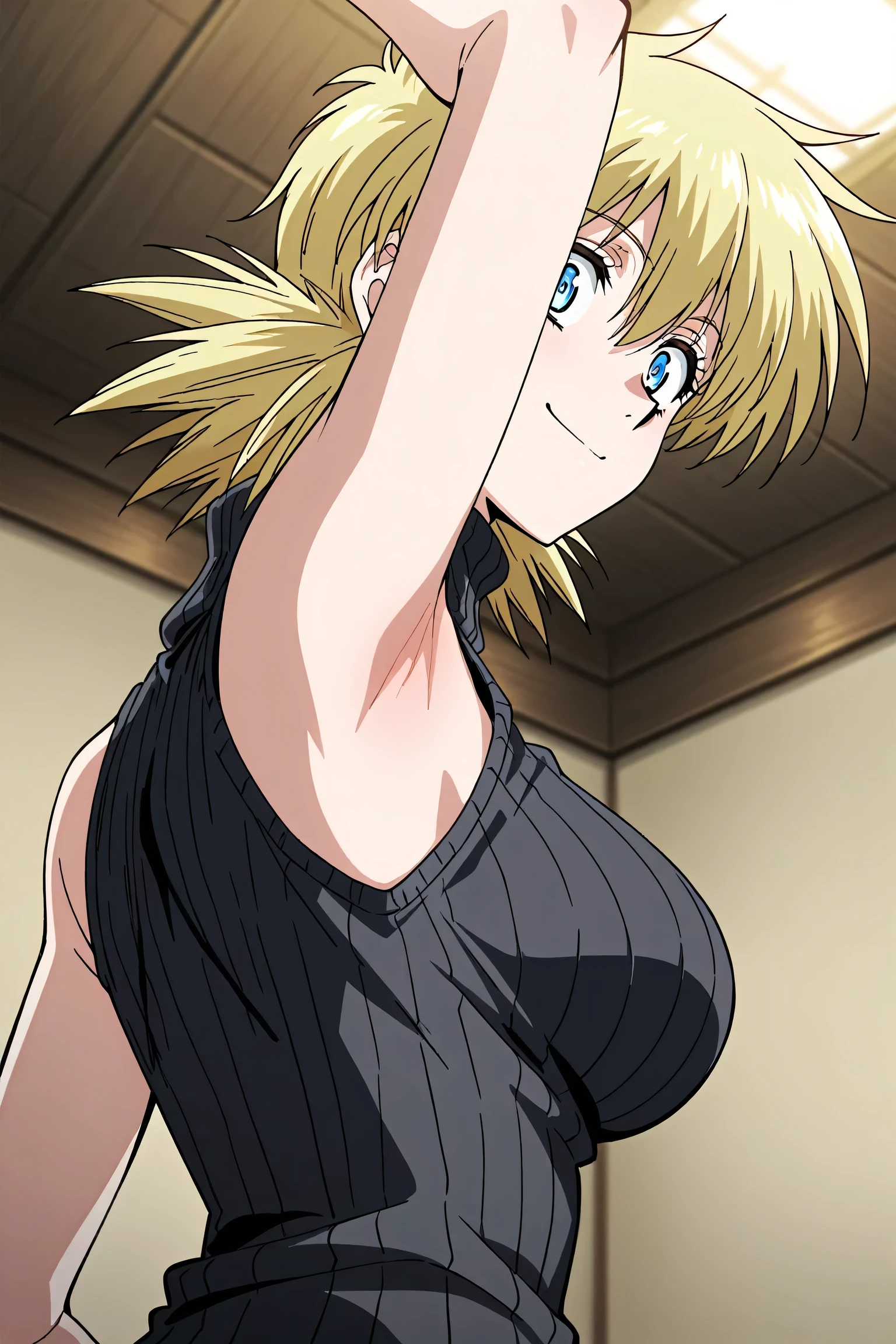 masterpiece, best quality, amazing quality, anime screencap, anime coloring, 1girl, solo, seras victoria, blonde hair, blue eyes, black sweater, sleeveless sweater, ribbed sweater, turtleneck, sleeveless,  shoulders,  arms, arm up, raised arm, armpit, armpit focus, head towards viewer, looking at viewer, direct eye contact, smile, confident, closed mouth, indoors, from side, from below,  