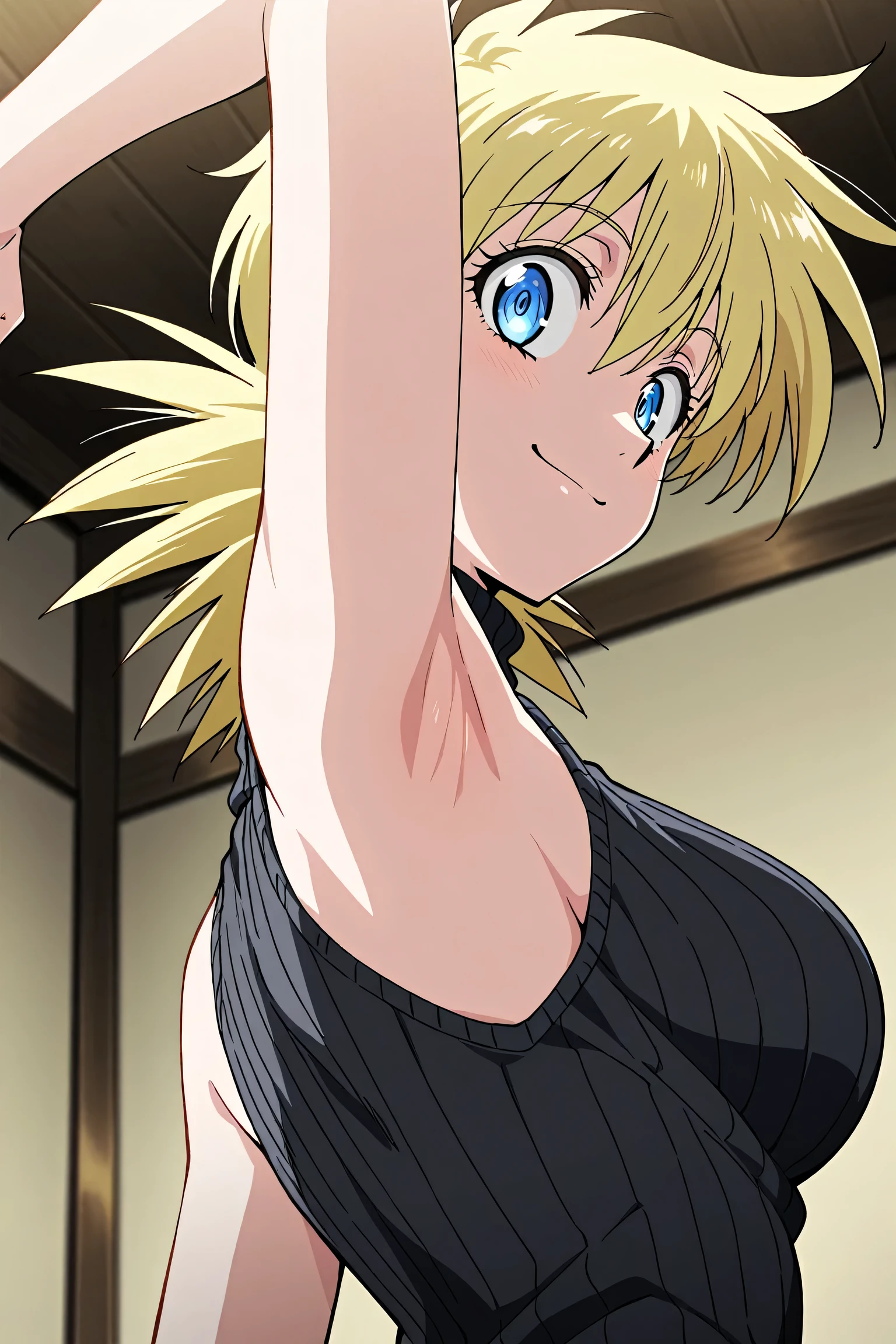 masterpiece, best quality, amazing quality, anime screencap, anime coloring, 1girl, solo, seras victoria, blonde hair, blue eyes, black sweater, sleeveless sweater, ribbed sweater, turtleneck, sleeveless,  shoulders,  arms, arm up, raised arm, armpit, armpit focus, head towards viewer, looking at viewer, direct eye contact, smile, confident, closed mouth, indoors, from side, from below,  