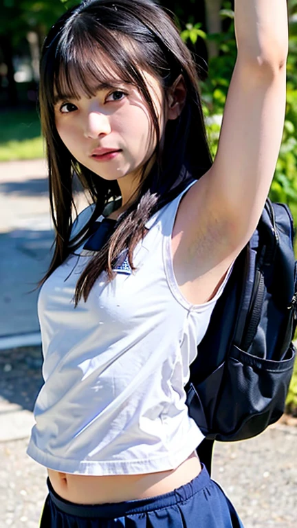 (masterpiece, highest quality:1.2), 8K,細身の12才のfull nudeの女の子, 85mm,Official AR RAW photo, スーパースリムなスレンダーbeautiful girl, (navy blue short skirt、上Half bodyfull nude、show me your ears、naked girl photoshoot、full nude, cute face, close, Half body, biolace, gardenia, beautiful girl, 上Half bodyfull nude,  Bind your neck with a rope, thighs, short sleeve, sit on the station platform, looking at the viewer, no makeup, (big smile), film grain, chromatic aberration, sharp focus, face light, clear lighting, Ten generations, detailed face, background bokeh, ()、((((((12 year old girl))))))、((((((12才のfull nude女子高生)))))、thin waist、Lowered from the top of the front