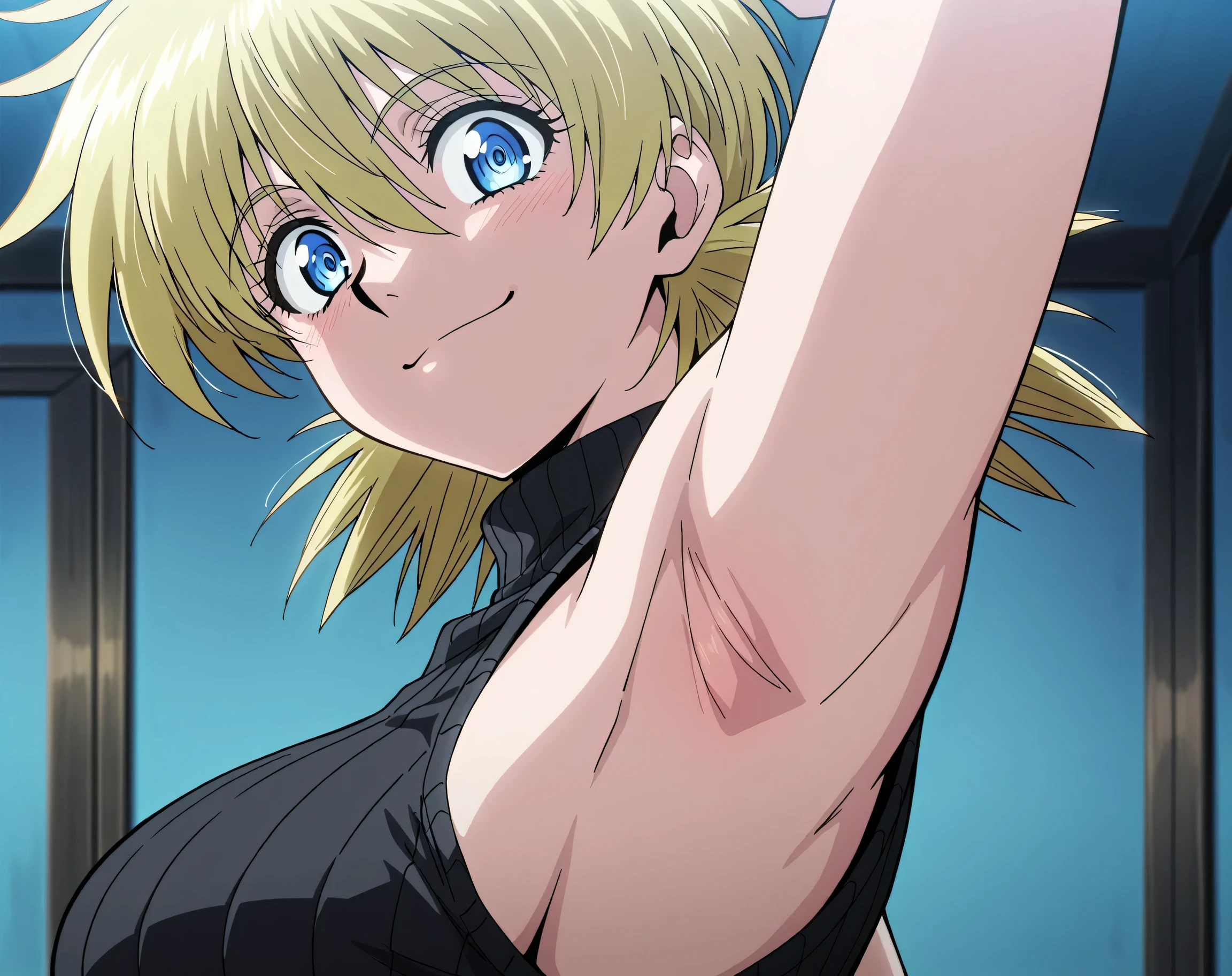 very short hair,simple background,stretching,all nude,cum in pussy,solo,1 girl,show off nipples,masterpiece, best quality, tanaka saeko, blonde hair, earrings, large breasts,smile,