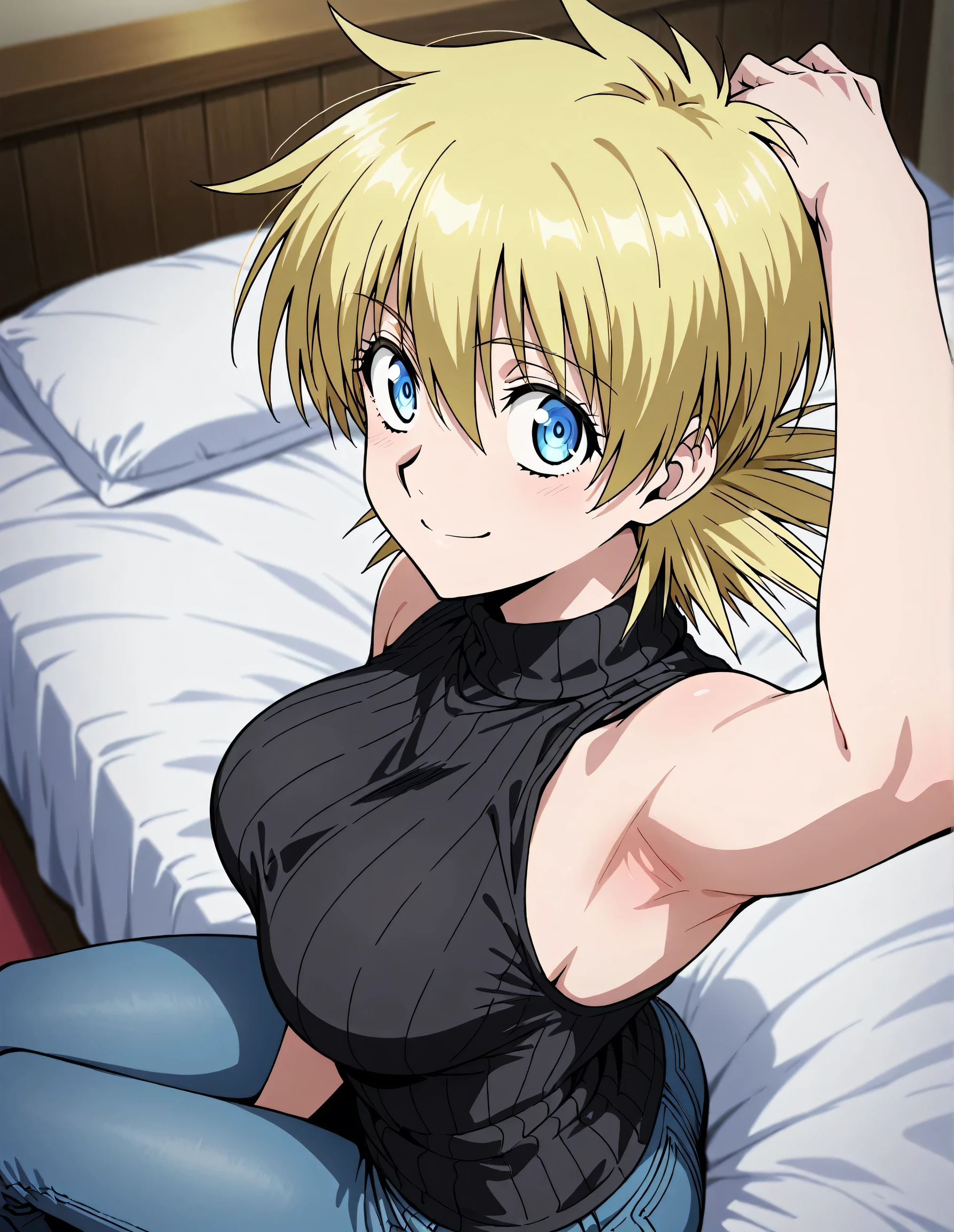 masterpiece, best quality, amazing quality, anime screencap, anime coloring, 1girl, solo, seras victoria, blonde hair, blue eyes, black sweater, sleeveless sweater, ribbed sweater, turtleneck, sleeveless,  shoulders,  arms, arm on head, armpit, armpit focus, head towards viewer, looking at viewer, direct eye contact, smile, confident, closed mouth, indoors, from side, from above, sitting on bed, jeans 