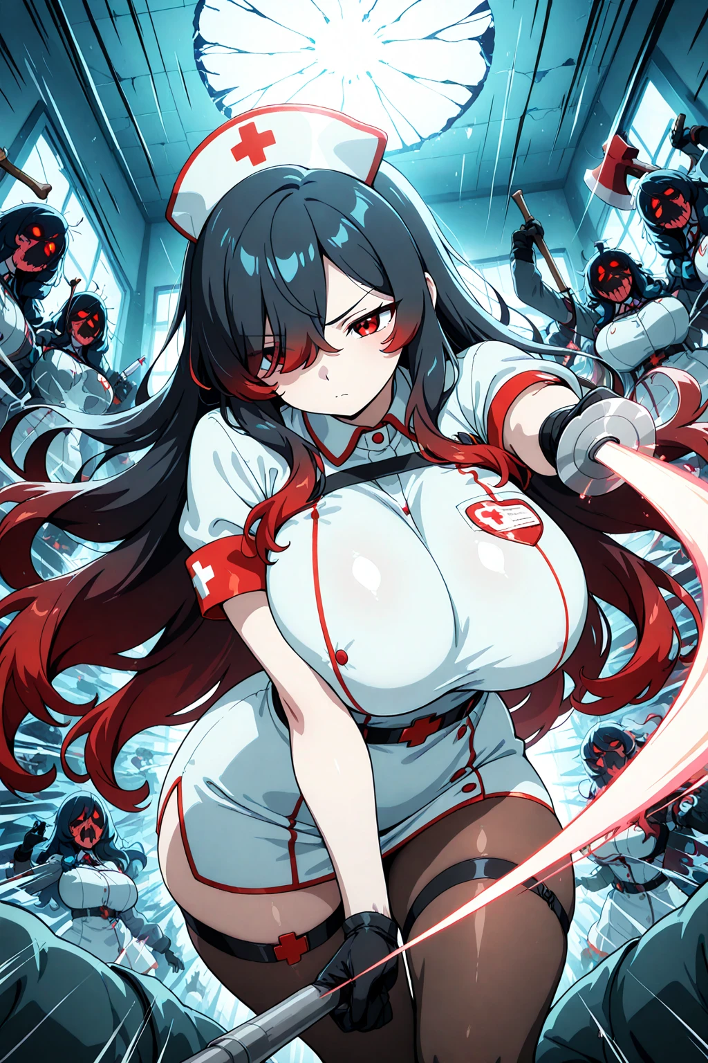 Anime Kawaii sexy Perfect Slim sensual body large breast and huge thighs, An intricate and highly detailed illustration of anime (Young girl). 1 girl, zombie, black hair, ponytail, red eyes, wearing glasses, nurse hat, medium bust, sweating, thigh-high black boots, standing, (best quality,4k,8k,highres,masterpiece:1.2),ultra-detailed, anime:1.37),horror,dark fantasy,dynamic pose,dramatic lighting,cinematic,moody atmosphere