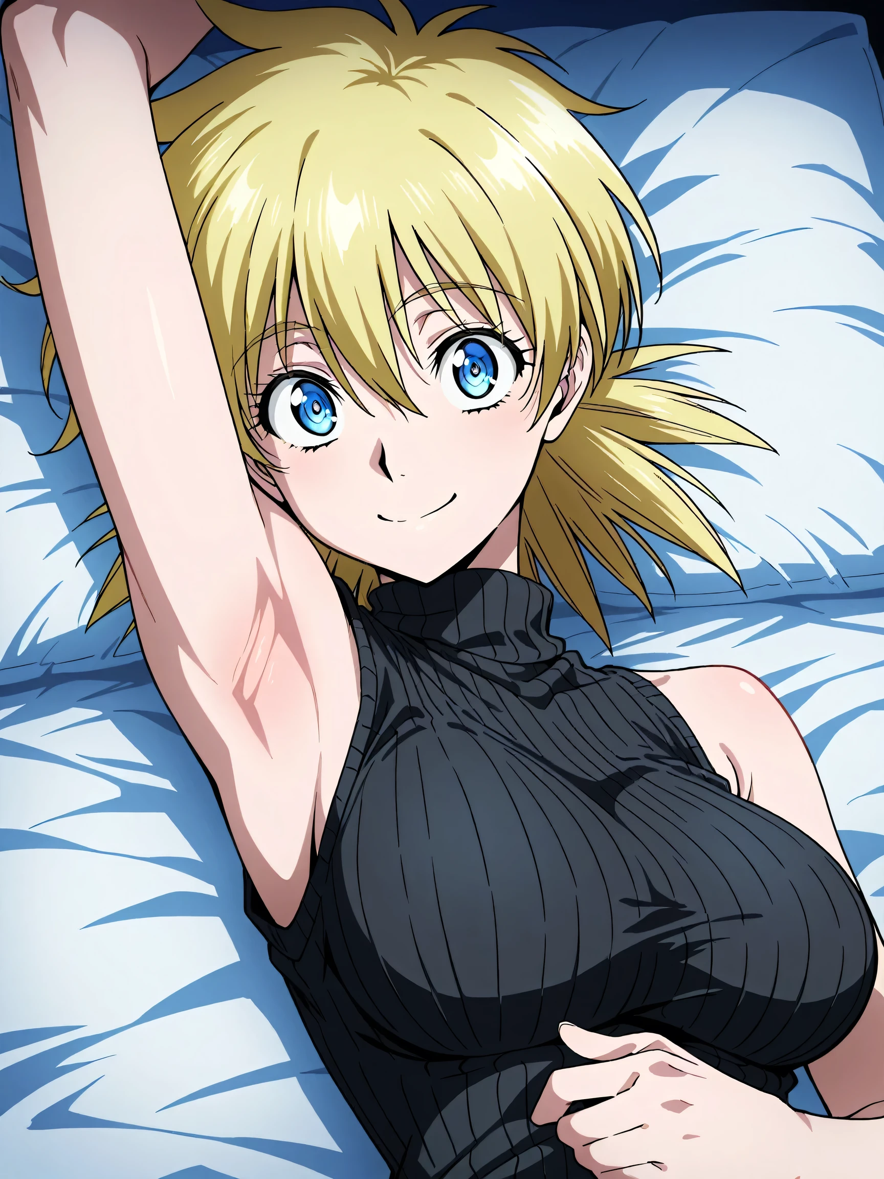masterpiece, best quality, amazing quality, anime screencap, anime coloring, 1girl, solo, seras victoria, blonde hair, blue eyes, black sweater, sleeveless sweater, ribbed sweater, turtleneck, sleeveless,  shoulders,  arms, arm up, raised arm, armpit, armpit focus, head towards viewer, looking at viewer, direct eye contact, smile, confident, closed mouth, lying in bed 