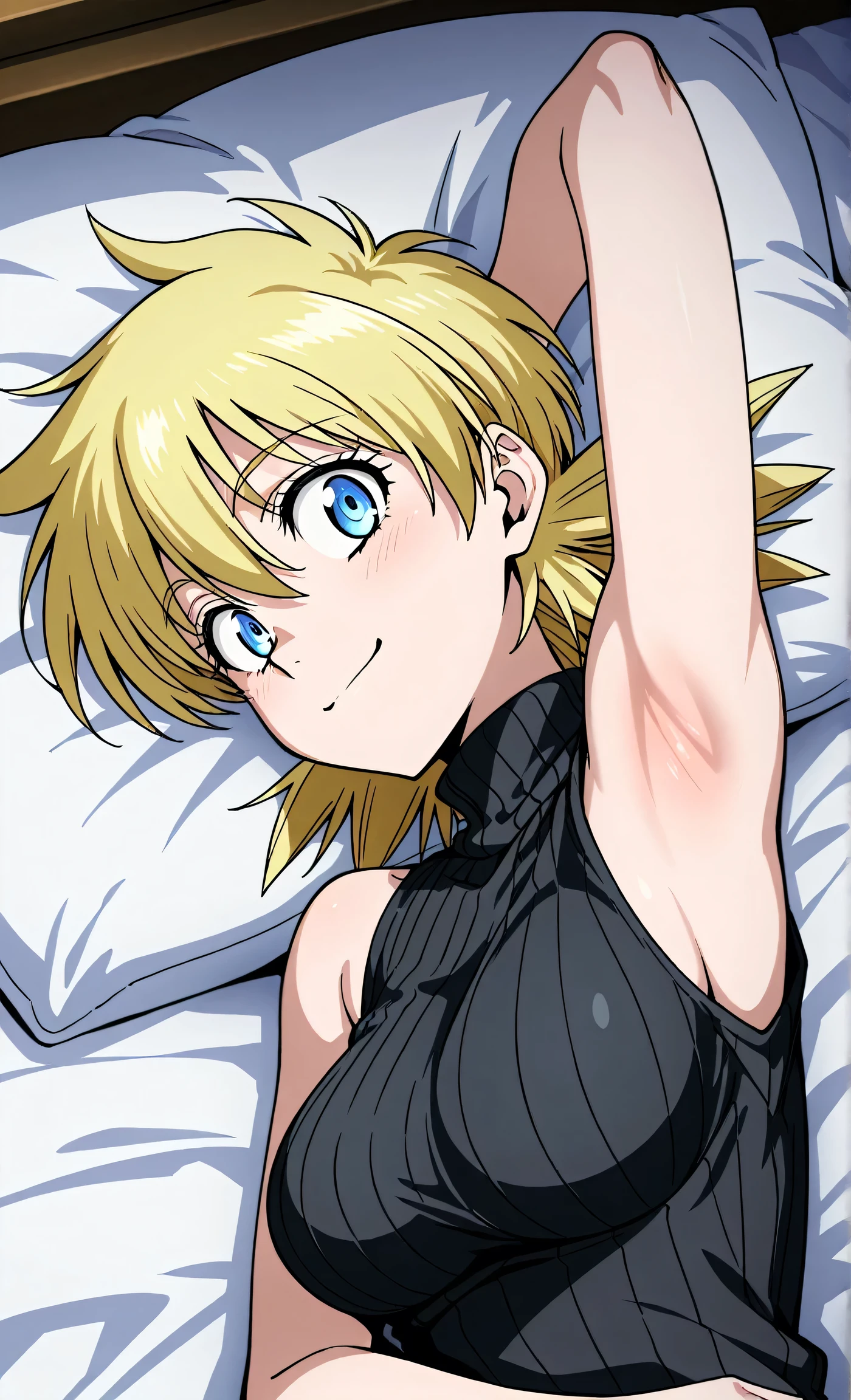 masterpiece, best quality, amazing quality, anime screencap, anime coloring, 1girl, solo, seras victoria, blonde hair, blue eyes, black sweater, sleeveless sweater, ribbed sweater, turtleneck, sleeveless,  shoulders,  arms, arm up, raised arm, armpit, armpit focus, head towards viewer, looking at viewer, direct eye contact, smile, confident, closed mouth, lying in bed, lying on side, from above, pillow 