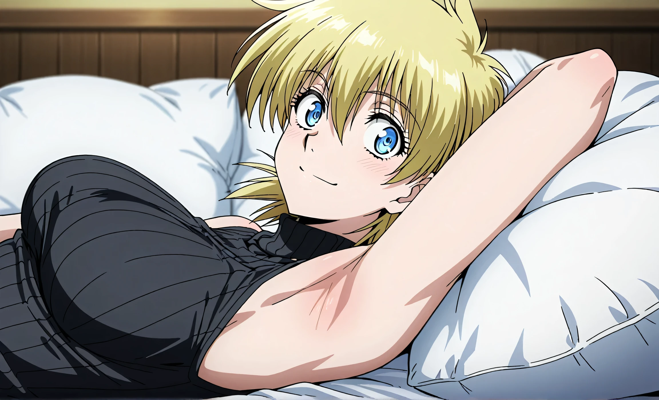 masterpiece, best quality, amazing quality, anime screencap, anime coloring, 1girl, solo, seras victoria, blonde hair, blue eyes, black sweater, sleeveless sweater, ribbed sweater, turtleneck, sleeveless,  shoulders,  arms, arm behind head, armpit, armpit focus, head towards viewer, looking at viewer, direct eye contact, smile, confident, closed mouth, lying in bed, from side, sideview, pillow 