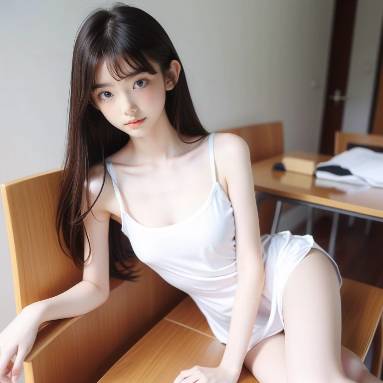 (masterpiece, highest quality:1.4), award-winning portraits, 8K, 85mm, alone, beautiful face, delicate girl, violaces, gardenia, grace, Sophisticated, cute, teen, looking at the viewer, 15 years old, Raw photo, disorganized, HDR, sharp focus, A bow tie, background bokeh、(((flat 、thin and delicate body、A childish atmosphere、naked、full body)))、Her shiny semi-long hair is tied up、hair swaying in the wind、Mole on the left cheek、large, round, dark blue eyes、full body、sitting on the floor、Junior idol、Nogizaka Idol、mole under eye、sexy、((basement、Embarrassing appearance、anxious look))