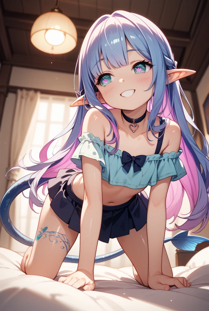 1girl, goblin girl, wearing a strapless mini top with long sleeves, blue hair, thong panties, short, big , big ass,