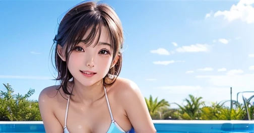 A woman with a voluptuous figure wearing a colorful micro bikini, on all fours at a sunny beach, with the brightest smile. Intricate details, high quality, (luxurious: 1.4), ultra-realistic 8K, perfect face, perfect, clean, masterpiece, professional artwork, famous work, beautiful expression, beautiful eyes, short black hair, wet hair, very large chest, glossy clothing, model pose, ultra-realistic 4K, highest image quality.