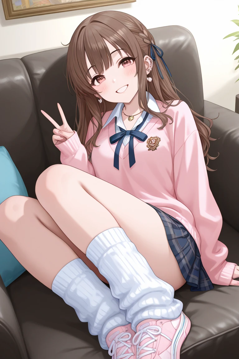 boy, fluffy lavender scarf, blue jacket, red eyes, long bangs, short brown hair, ahoge, white sweater,  long yellow sleeves, small yellow heart locket, blue yellow striped boots, thick thighs