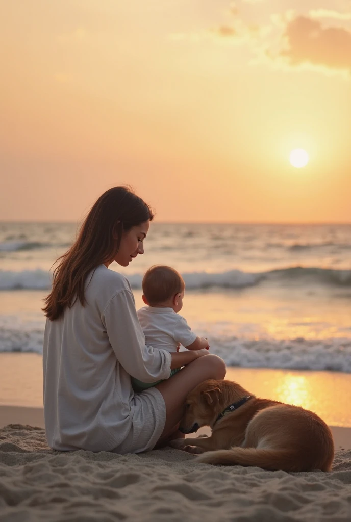Create a light brown woman image, long straight brown hair, she is wearing jean shorts and a pink blouse, She has her back. One of three years, blond, curly and messy hair, wearing a blue shirt and white shorts. A chocolate colored labrador, adult size. Everyone is on the sand at the beach at sunset. 