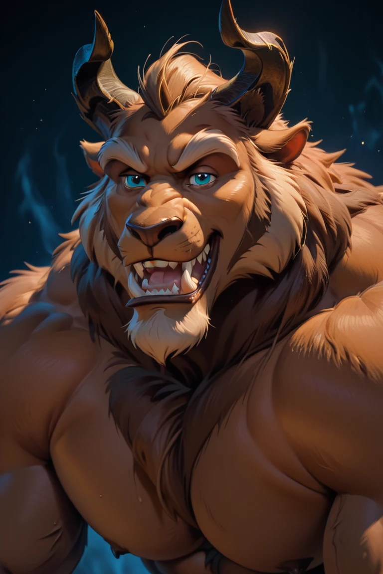 beast (Disney) bara hairy sweaty pecs, flirtatious facial expression, drooling all over, sweaty, sweaty, flexing his arm, naked