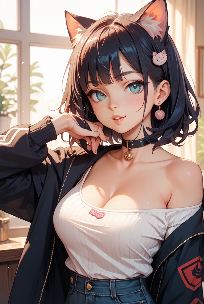 Amazing portrait of a cute goth woman with her short black hair in a bob hairstyle and she's wearing heavy eyeliner around her eyes and she's gazing at you seductively she wears an off shoulder t shirt that is orange and black with black bra straps