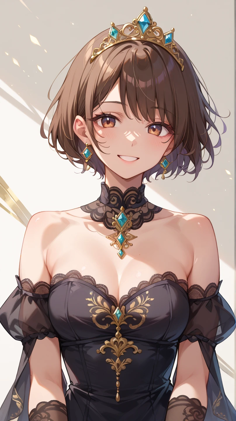 (masterpiece, top quality, very aesthetic, 4k、illustration), ()、intricate detail, 1woman,solo,contrapposto 、(gradient eyes、tareme)、very short hair、asymmetrical bangs,Fair skin,(upper body)、beautiful women、Cleavage、clear face、(),beautiful face、(gradient hair)、(brown hair)、sidelock ,,green eyes、Knightarmor、medium breasts、slender 、