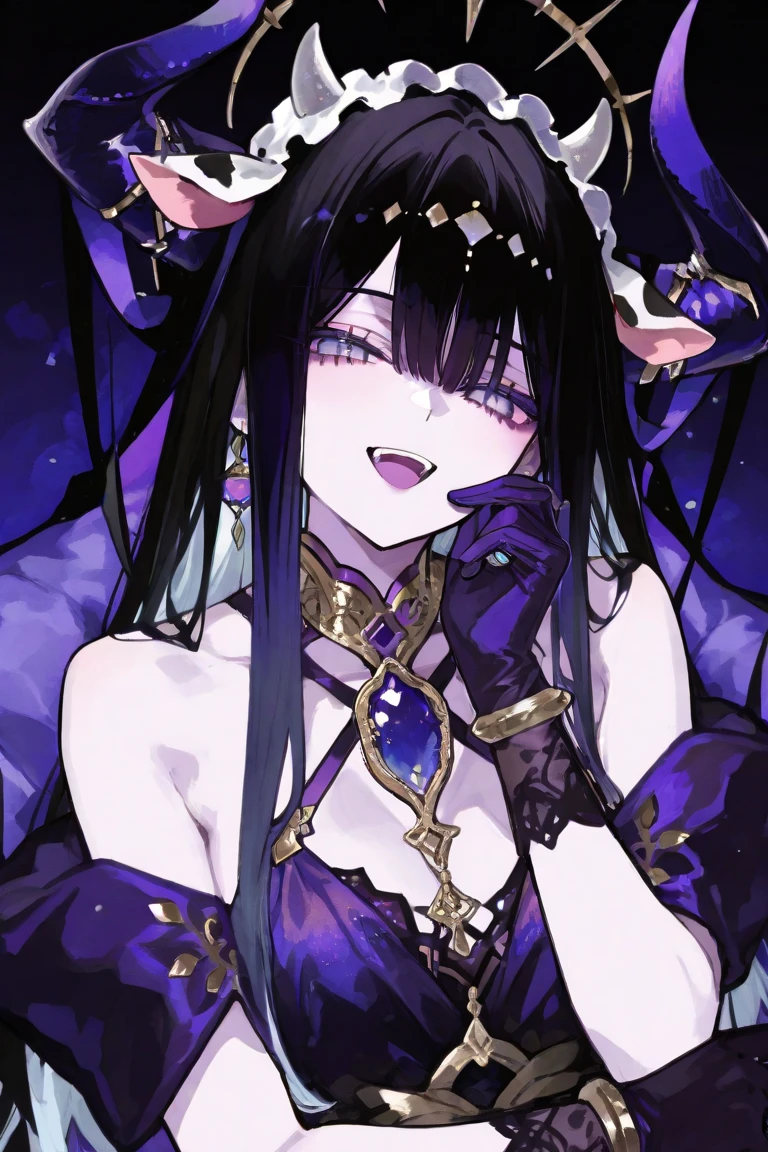 ((((masterpiece, Best Quality, Ultra-high resolution, Best illustrations)))), ((Portrait of a person standing against a white background)), (Very delicate and cute face, Sparkling Eyes), (((black sclera, small white iris))), A beautiful lady named "Sinza" in black is standing diagonally to the left alone., white long hair, large breasts, Her eyes are small white iris and black sclera., She wear black china dress and elbow gloves., full body, evil smile,