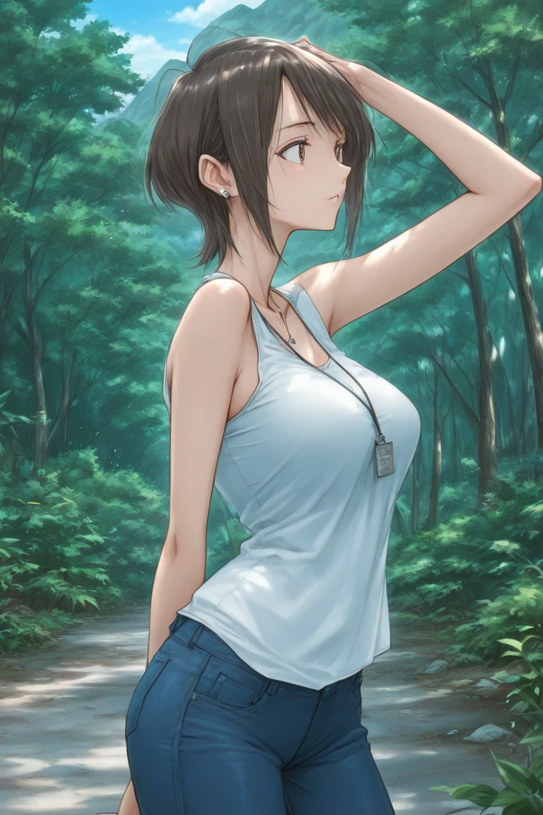 photo of mlp Meowko, RAW, beautiful woman, ((portrait)), ((detailed face:1.2)), ((anime face, anime facial feature, clear skin, glossy anime lips, clear skin), (short messy lesbian haircut, brunette: 1.55),  (perfect proportioned body, Strong, muscular, narrow waist, narrow hips, skinny, large breasts), (she is wearing a tight long sleeve t-shirt, pokies, black leggings), (out in the woods, making a tent), (realistic photo, best quality, detailed), (8k wallpaper), (cinematic lighting, beautiful light, (afternoon:1.3)) (sharp focus, intricate)