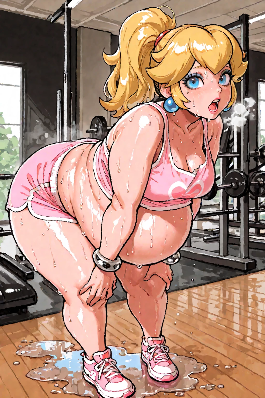 score_9, score_8_up, score_7_up, BREAK, 1girl, solo, princess peach, ((chubby body)), ((wide hips)), ((chubby belly)), Full body, ((Fat)),  naked, bathroom, shower, wet, steam