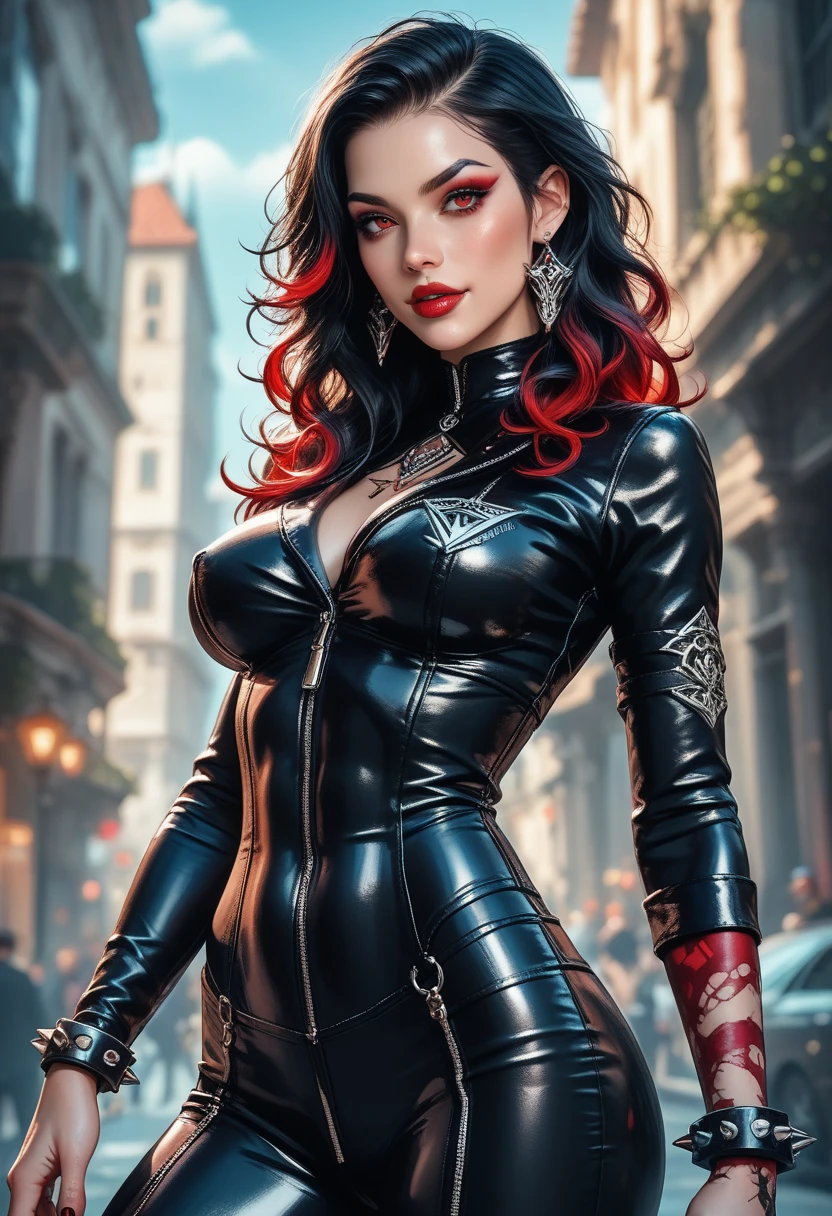 Perm hair woman, sexy modern woman, red lips, black skirt, dressed like Katarina, closed eyes, from side, fingers --style realistic-imagine