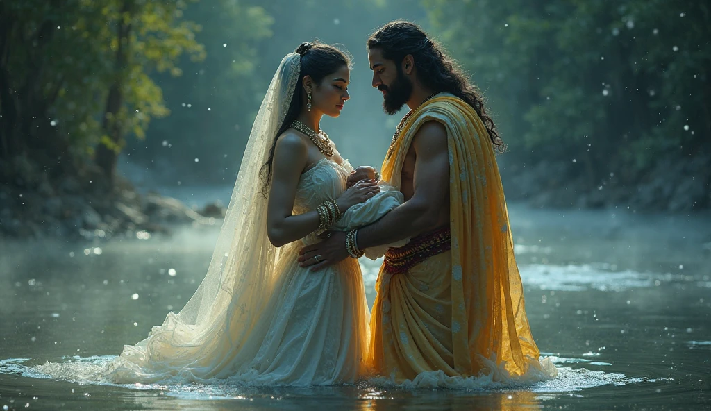 Pregnant Devaki and vasudev,the scene is candels in dark night in prison of cell