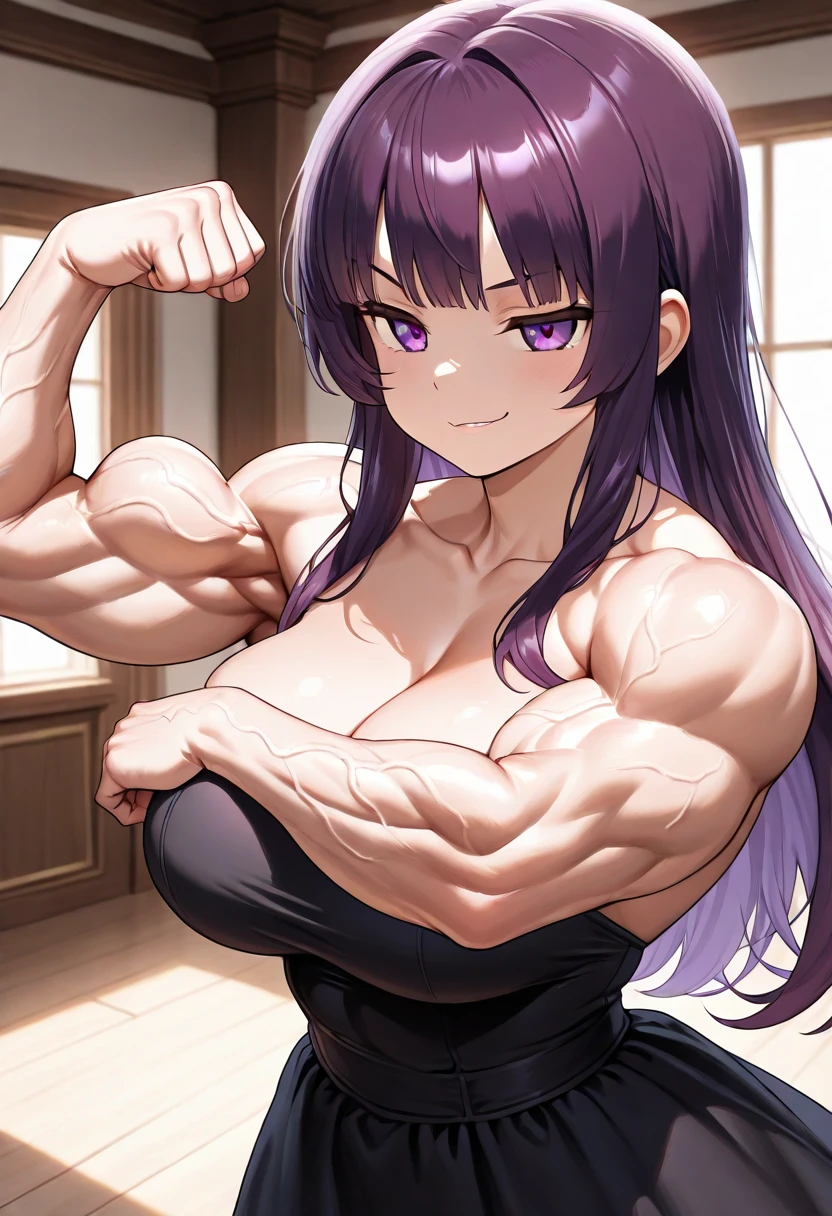 high contrast, (8K UHD:1.2), (photorealistic:1.2),(masterpiece:1.4), (best quality:1.4),extremely detailed wallpaper, highly detailed illustrations, ((1 Girl)) , (super-complex details) official art, unity 8k wallpaper, ultra detailed, beautiful and aesthetic, masterpiece, best quality, ( zentangle, mandala, tangle, entangle), (fractal art:1.3) , masterpiece, , intricate detail,((bulking)),covered body upper body,(body builder:1.7), muscular, bob hair, busty, sexy, curvy, upper , raised hand, armpit, masterpiece, best quality, high quality, high definition, high quality texture, high quality shadow, high detail, beautiful detailed, fine detailed, extremely detailed cg, detailed texture, a realistic representation of the face, realistic, colorful , delicate, cinematic light, side light, Lens Flare, Ray Tracing, tailed beautiful delicate face, detailed beautiful delicate eyes, mature female, long hair, bored, pompadour cut, muscular, toned, navel, ripped abs, thick thighs, broad shoulders, big arm muscles, meaty leg muscles, thick eyelashes, makeup, (( black and purple hair, black-full-top, purple-pajama)), ((showing her back and big ass)).