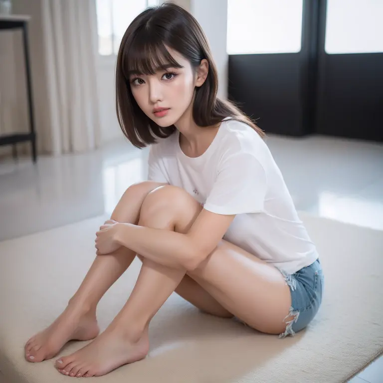 (((8k、High resolution、of the highest quality、High resolution))), detailed face、mouth details、detailed eyes、wet skin、(Sit in a chair with your legs open.)、normal chest、Elf's ears, risa、photographed from the front、(Wear a uniform on the upper part of the body.)、、((Dark Blue Check Print Pleated Skirt、mini skirt、Ultra-realistic stockings))、Pantyhose and panties are seen.、leather shoes、classroom、by the wide、whole body、realistic skin texture、shiny skin、thighs thighs thighs、18 years, white panties