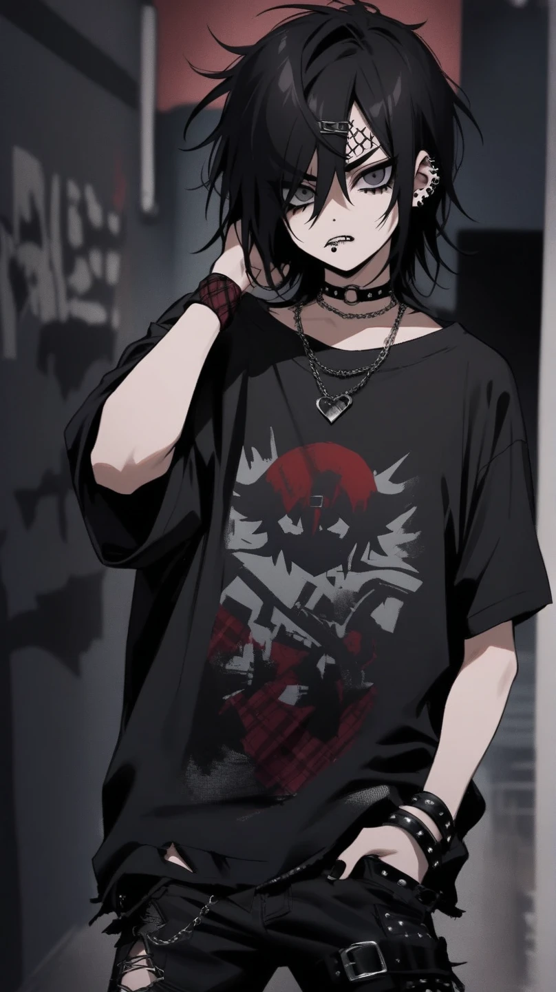 emo boy,one side bang longer than the other,black hair,tired eyes,black eyes,black shirt,wristbands,choker around neck,attractive,young man,boy,solo,ager,monochrome,lip piercing,ear piercing,messy hair,tall