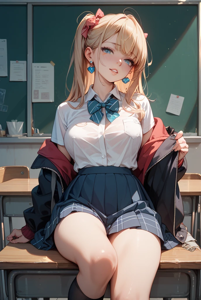 best quality、complete fingers、big breasts beautiful sexy,big breasts,blonde hair,white mini school uniform,black mini skirt,1 person、smile、double teeth、shy expression、School clothes、knee high, sitting on a chair, crossed legs 、Put your hands on your breasts, in a quiet class.