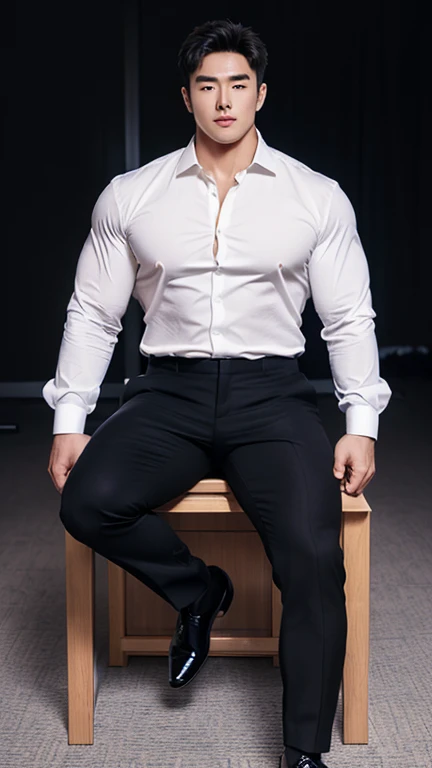 (absurderes, A high resolution, Ultra detailed, hdr), Masterpiece, Best quality, Portrait of a boy, Handsome boy with red eyes, Detailed face, Professional photo, The Arafed man went into battle shirtless, Fight comfortably，legs are open, (puffynipple(From below:1.1)), Focus on your audience,27 year old boy, Handsome boy, [ A well-defined body ]，Light blue shirt opening，Abs，chest muscle，short white pants，large bulge，Black leather shoes，Close-up of feet，prinz，silber hair