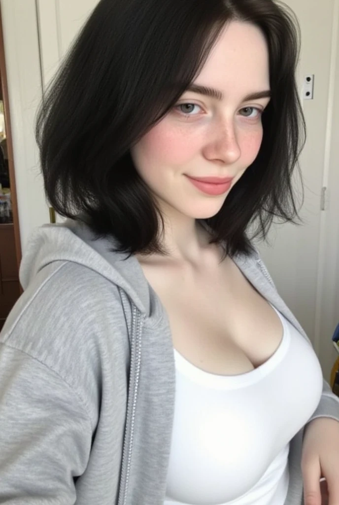 ((Age18+ Irish female, pale skin, small breasts, runners body, some small freckles, imperfect skin, wavy hair)(HQ)(photorealistic)) taking a selfie (black hair)
