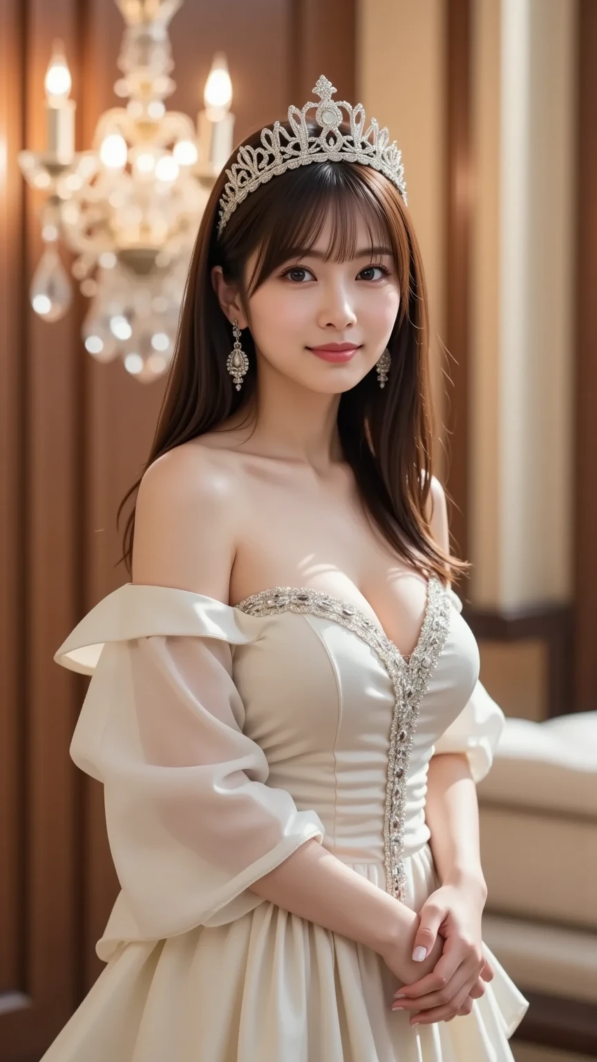 beautiful,K-POP idol,japanese idol,japanese actress,High resolution,beautiful skin,8K,RAW photo,highest quality,masterpiece,realistic,photo-realistic,clear,professional lighting,beautiful顔,highest quality,超High resolution,sexy,beautiful唇,white teeth,beautiful歯列,smile, dress,tiara,Queen,throne