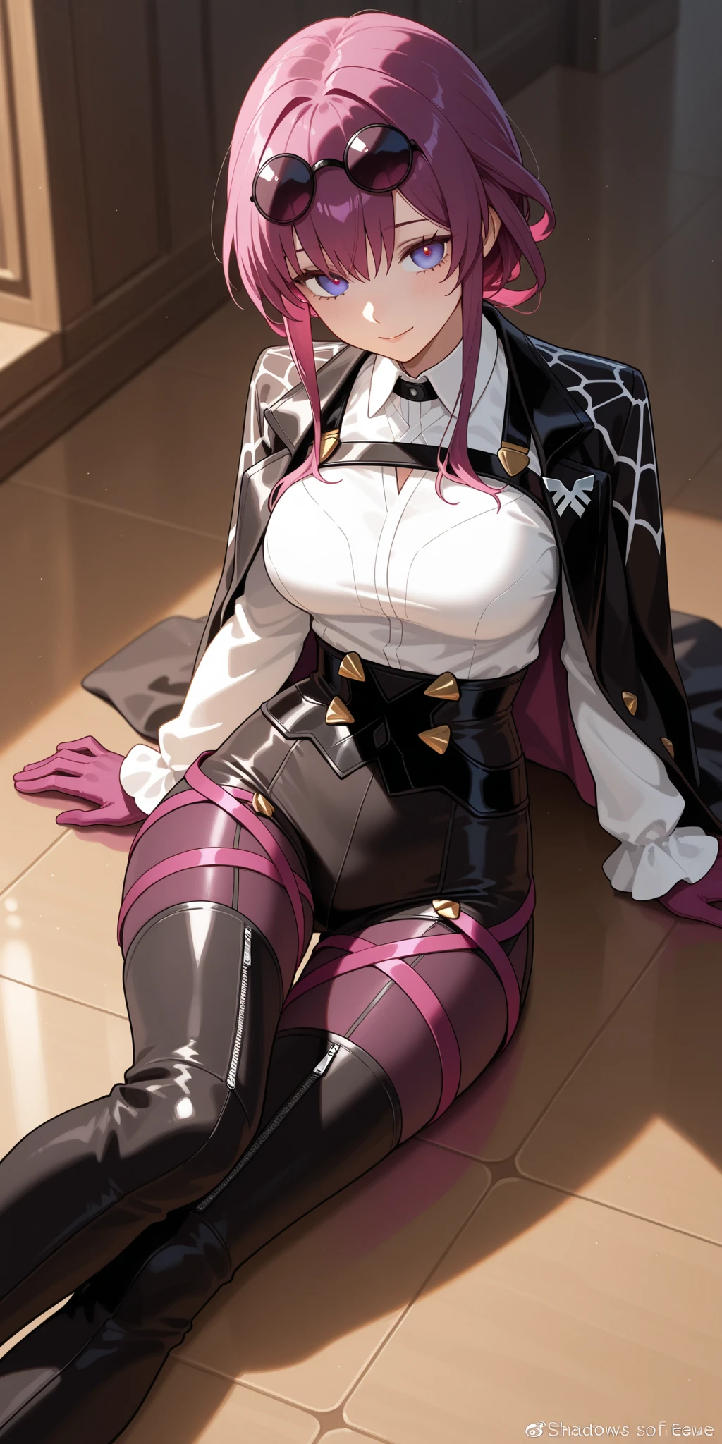 ((blood droplets)), ((blood)), ((blood splatter)), ((blood on clothes)), ((blood stain)), Masterpiece, Beautiful art, professional artist, 8k, art style by sciamano240, Very detailed face, Detailed clothing, detailed fabric, 1 girl, View from above, lying completely on the ground, perfectly drawn body, terrified expression, pale skin, beautiful face, long black fur, Blue eyes, very detailed eyes, pink cheeks, glasses, choker:1.6, (white collar button down long sleeve shirt), black gloves, gloves that cover hands, (holding an ax in his right hand), (black leather corset), (shiny black leggings), Sensual Lips , evening de invierno, show details in the eyes, looking at the viewer, Dark road, Snowy forest, evening, Atmosphere, snow
