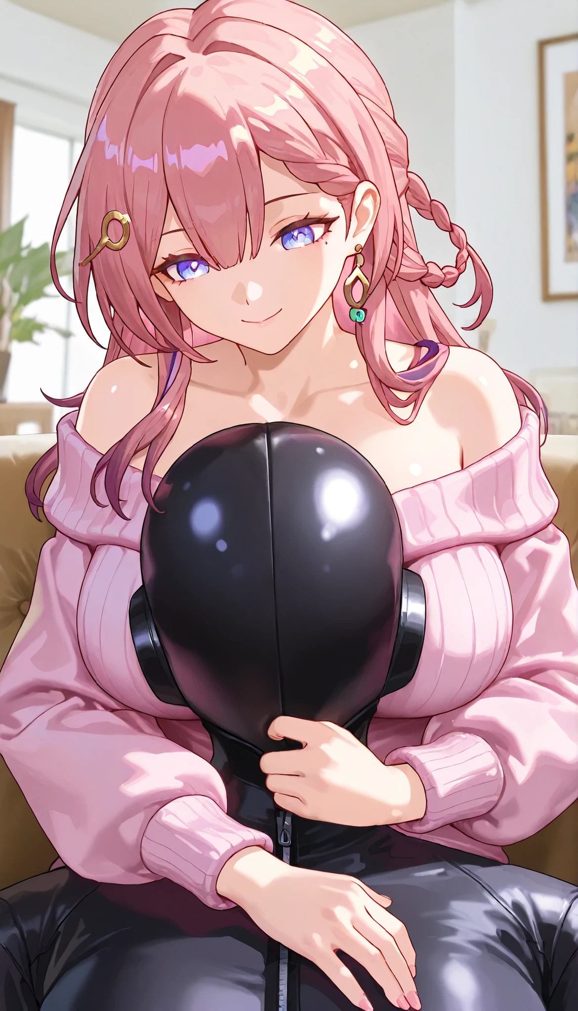 asta,HONKAI STAR RAIL,1girl, Female Teacher, Mature Woman, long hair, shiny hair, Radiant Skin ,A motherly smile , closed mouth, Big breasts, Disconnect, off-the-shoulder pink sweater with full chest visibility, upper body, fingers in the mouth,sitting on sofa, Peering posture,living room,