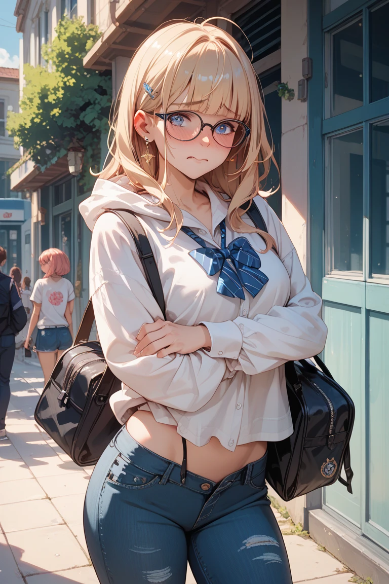 Cardigan，Deferred expression，JK Campus，Tall and tall，red blush，Navy blue skirt，up skirt，It's okay to wear a skirt, I can see my panties，校服，(((tucking up the skirt)))、(((White panties are visible)))、Pleated miniskirt，small tits，Holding，(appearance々Patterned panties:1.3)、(Skirt that rolls up:1.3)、(Fully exposed panties:1.5),
