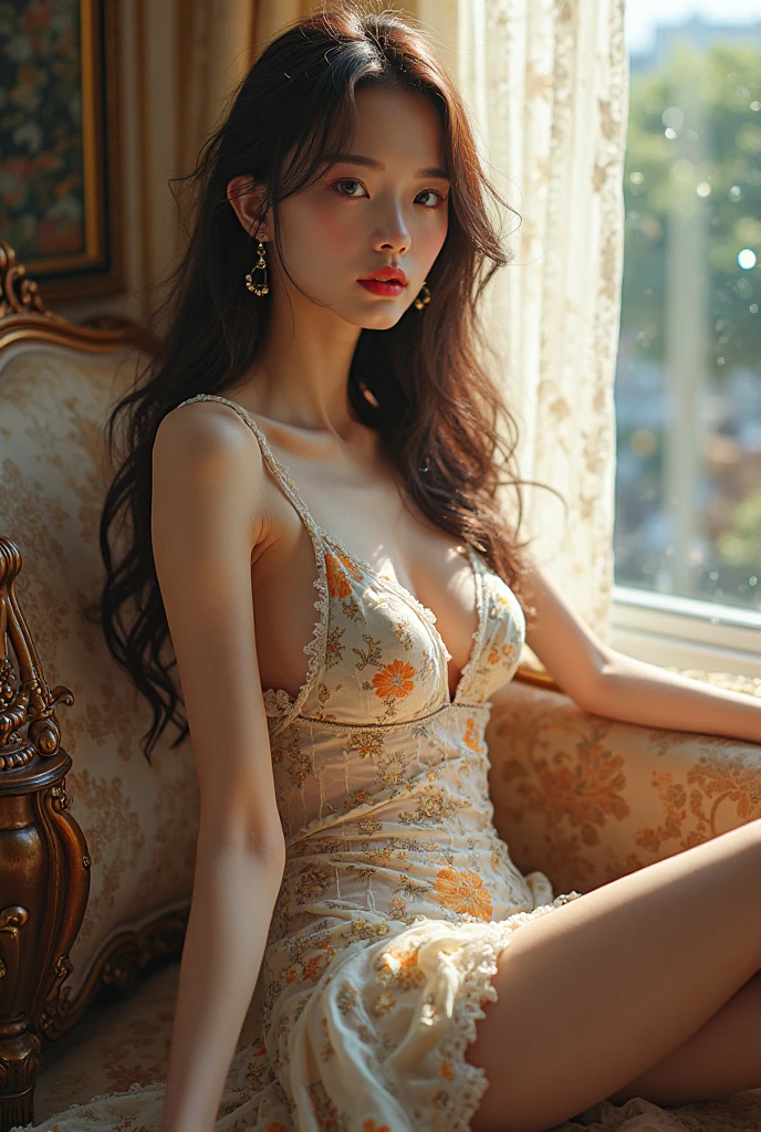girl in her 20s sitting on wooden chair, wearing summer dress, 1980s vibe, vintage vibe, wearing high heels, front view