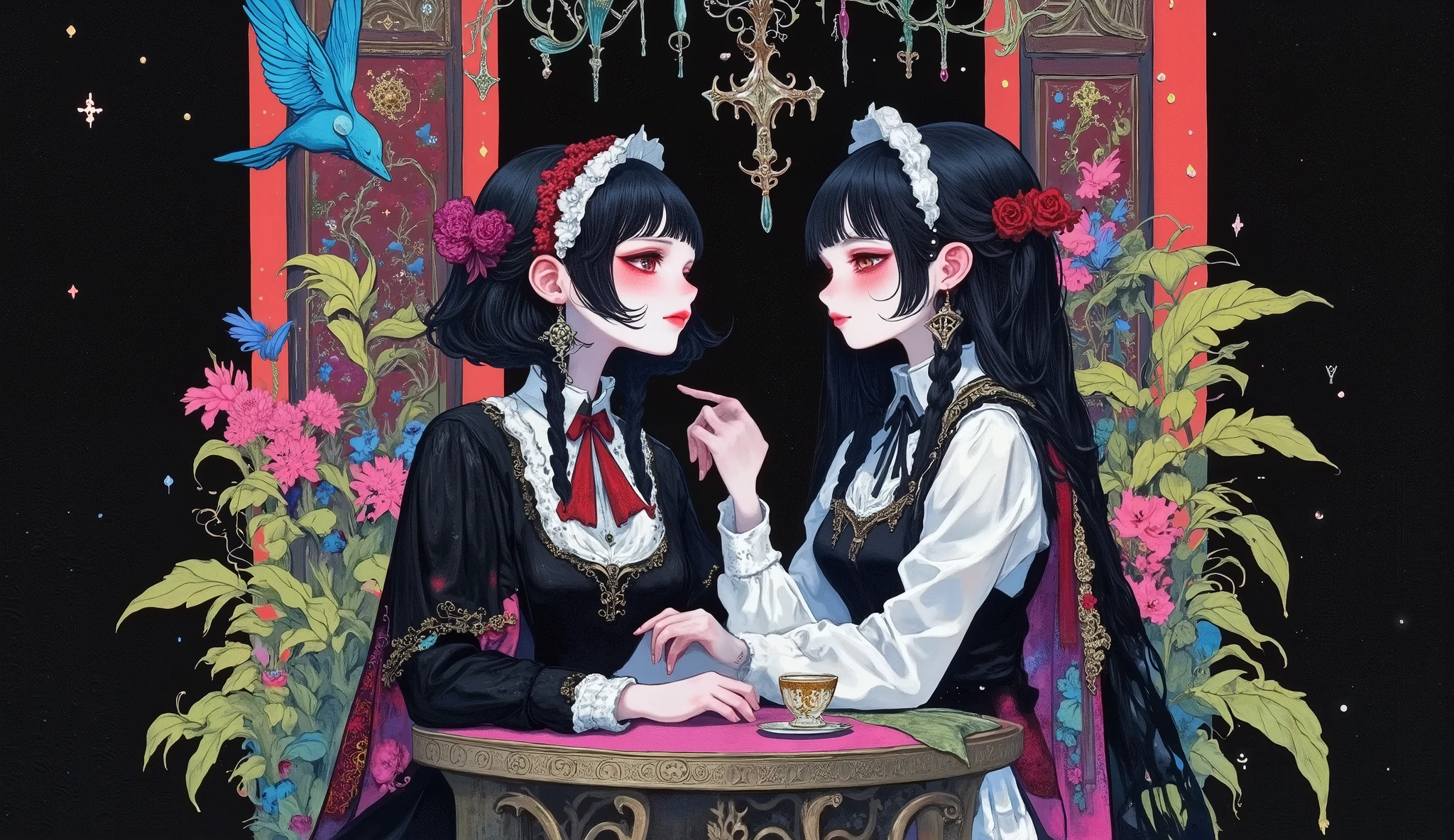 (masterpiece,Best Quality:1.2),Japanese paper painting \( Japanese paper painting ), 2 thin people talking , Staring at Each Other's Faces ,1 person \(black hair short, With her hair up ,Pale pink chest part,1 red rose-shaped hair accessory,open eyes,Keen Eyes, another ,PERFECT BEAUTIFUL FACE FACING A SMALL CITY FACING A BLACK NECK CHOKER, white maid costume only , Off-the-shoulder gothic dress ,Paper Texture),another 1 person /(long black hair, With her hair up , deep black maid headband ,PERFECT BEAUTIFUL FACE FACING A SMALL CITY FACING A BLACK NECK CHOKER,closed eyes, dark gray black maid costume , Off-the-shoulder gothic dress ,Paper Texture),They sit on a chair、elbows on a small antique table,facing each other, Cute Pink Table ,There is a pink teacup and a rust-blue flower on the table, Little Grey Mist ,Dark Blue Night , background gradient, Staring at Each Other's Faces , Notice the Table ,shading and contrast
Correct the number of fingers、correct limb expression