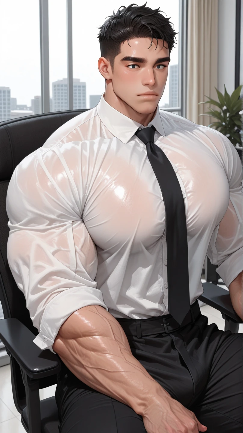 (best quality:1.5, hyperrealistic:1.5, photorealistic:1.4, madly detailed CG unity 8k wallpaper:1.5, masterpiece:1.3, enthusiastically detailed photo:1.2), (hyper-realistic lifelike texture:1.4), highly detailed, ((masterpiece, best quality)) ,extremely detailed 8K wallpaper, 1 korean male, (korean man with k-pop idol look), 20yo, handsome, detailed face, heavy muscular, stubble, formal suit & pants, prominent bulge, photo real, illuminating light, sexy, big, brutalmass, giant, muscular body, bulk, massive body, large size, smile, office