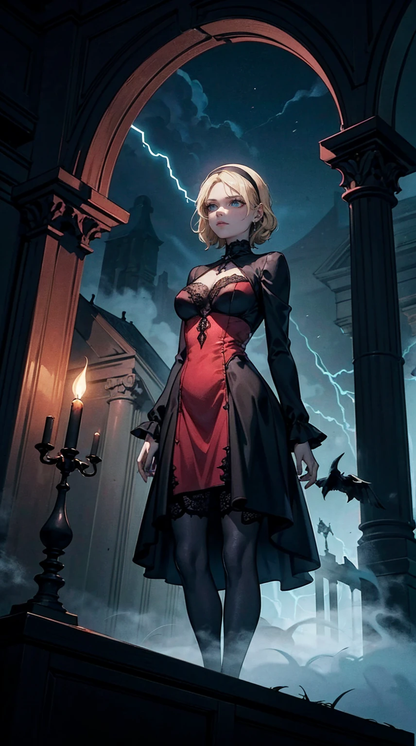 fantasy comic art ((fog: 1.3)) hiding female vampire, you only see a pair of glowing pink glowing eyes )) full body picture, (((the fog hides the face))), red lips, busty, stains of blood, blond hair, vampire teeth: 1.5) white glamour dress, you see only the glowing eyes , you see only the pair of eyes, fantasy dark alley background, the fog fills the alley, you see only the glowing eyes