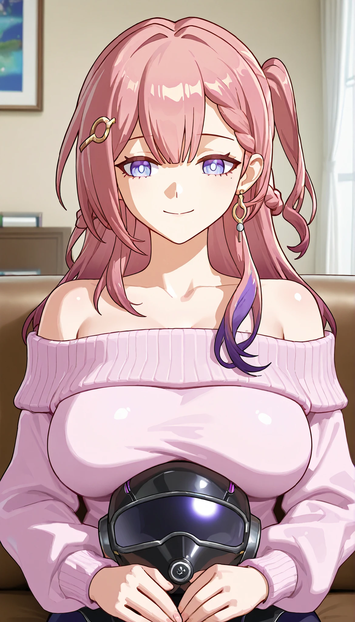 asta,HONKAI STAR RAIL,1girl, Female Teacher, Mature Woman, long hair, shiny hair, Radiant Skin ,A motherly smile , closed mouth, Big breasts, Disconnect, off-the-shoulder pink sweater with full chest visibility, upper body, fingers in the mouth,sitting on sofa, Peering posture,living room,