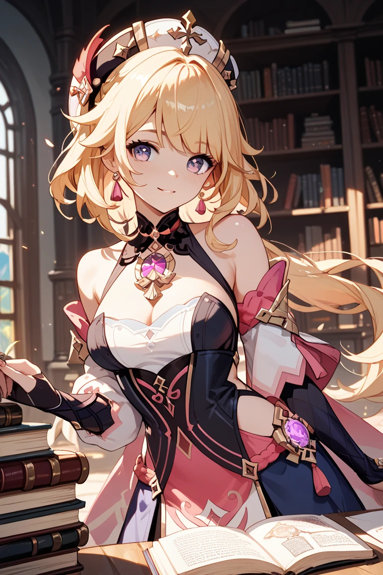 masterpiece, ((ultra detailed background, delicate pattern, intricate detail)), (highly detailed, fine details), best quality, beautiful lighting, ((medium breasts, slim girl)), (Evangeline Lilly:dua lipa) , ((mischievous smile)) ,(bangs covering one eye), ((light ginger hair)),headphones, (brown eyes), dark-purple jacket, ((pink bodysuit, full-body suit)), complex detailed background, inside, castle room environment, medieval castle, gray walls, window, bookshelf, (close-up, portrait),