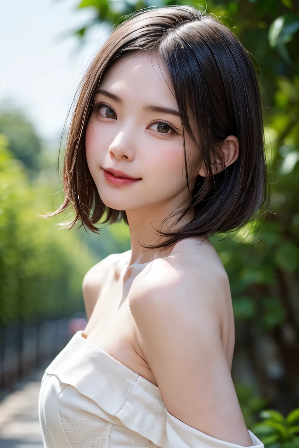 A japanese woman stands in a park in front of beach, exquisite and beautiful face, exquisite collarbone, seductive and delicate collarbone, charming fragrant shoulders, shoulders slightly exposed,  open-shoulder long sweater,sky blue sweater, pretty face, (peach Red lips:1.1), tender and smooth skin,(white skin:1.6),(black hair:1.15),(bob hair:1.2), short hair,(smile:1.2),smile with teeth, white teeth,very realistic details,  ultra-high resolution,bokeh,outstanding details, full body