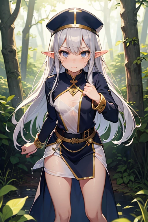 ((masterpiece)), (best quality), highres, ultra-detailed, frieren,from below, spread legs,  1girl, elf, long hair, pointy ears, solo, (twintails:1.2), green eyes, red teardrop earrings, white hair, looking at viewer, white capelet,(white skirt), white sleeves, long sleeves, boots, (black pantyhose),flat chest,  <lora:furi-renn:0.8> standing, cowboy shot,(arms behind back),  forest, BREAK, cameltoe,  <lora:wind_lift:0.7> (wind lift),